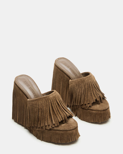 WYNN Chestnut Suede Platform Fringe Wedge Mule Women's Sandal Steve Madden CHESTNUT SUEDE