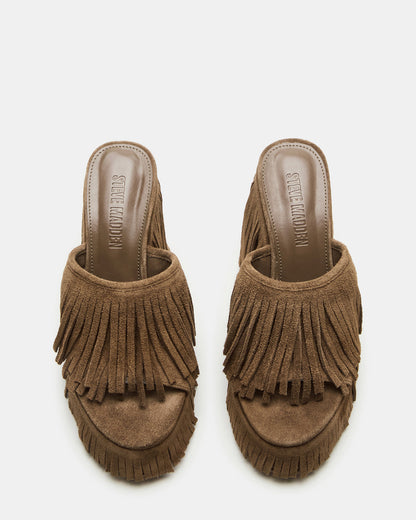WYNN Chestnut Suede Platform Fringe Wedge Mule Women's Sandal Steve Madden CHESTNUT SUEDE