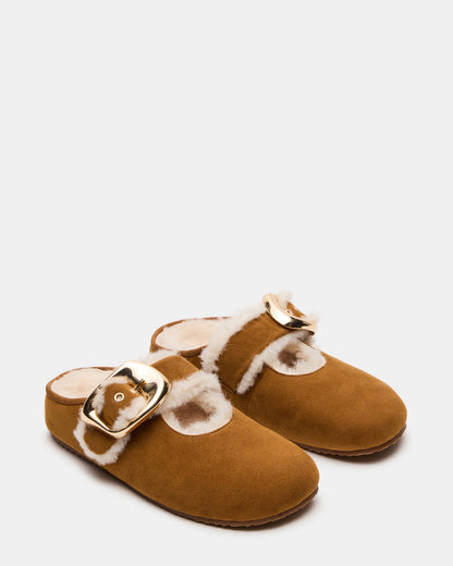 CLOUDY Chestnut Slip-On Mule Mary Jane Faux Fur Women's Flat Steve Madden CHESTNUT