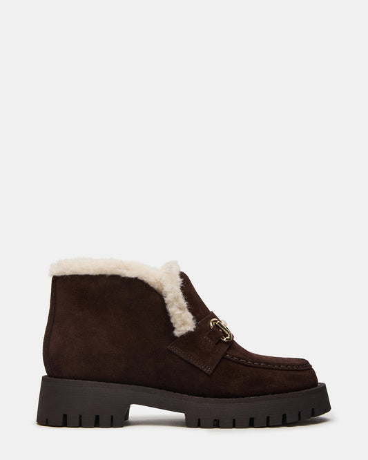 LEON Faux Fur Chocolae Brown Suede Platform Lug Sole Women's Loafer Steve Madden CHOCOLATE BROWN SUEDE