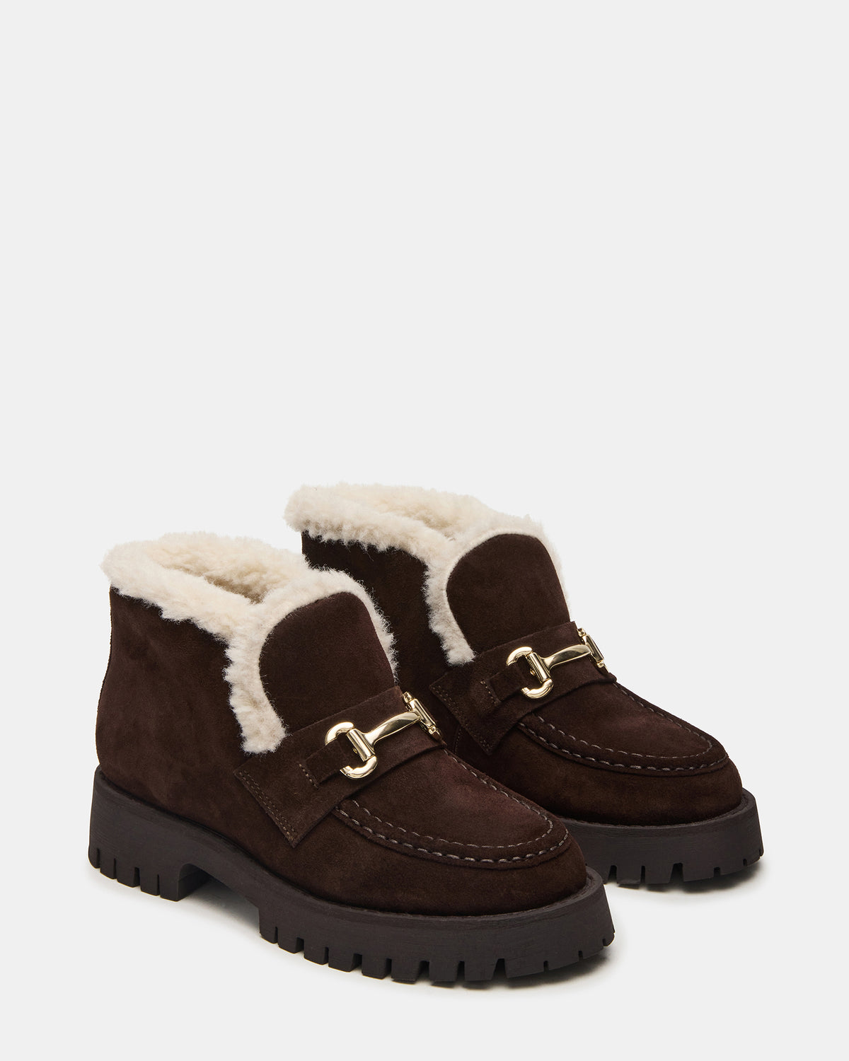 LEON Faux Fur Chocolae Brown Suede Platform Lug Sole Women's Loafer Steve Madden CHOCOLATE BROWN SUEDE