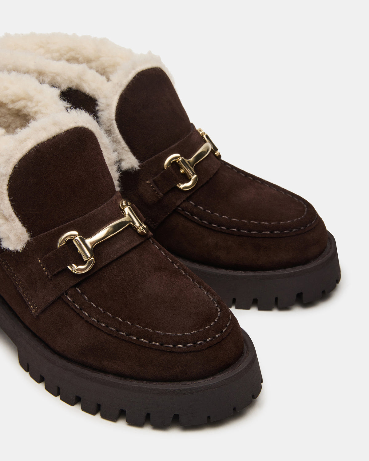 LEON Faux Fur Chocolae Brown Suede Platform Lug Sole Women's Loafer Steve Madden CHOCOLATE BROWN SUEDE