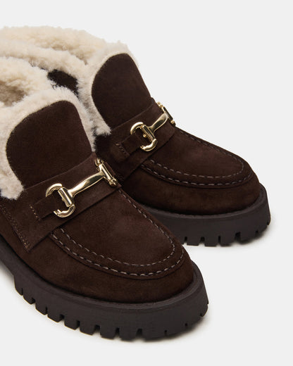 LEON Faux Fur Chocolae Brown Suede Platform Lug Sole Women's Loafer Steve Madden CHOCOLATE BROWN SUEDE