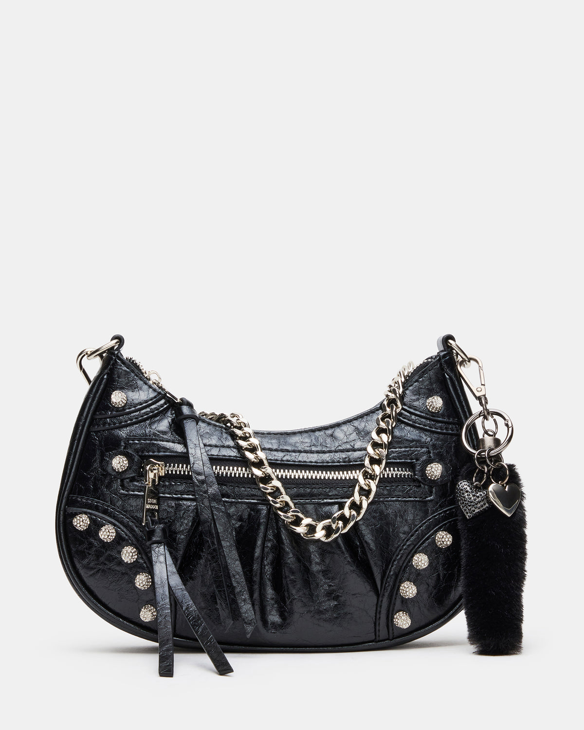 ERIKA Bag Black Rhinestone Embellished Studded Crinkle Moto Crossbody Handbag Steve Madden BLACK