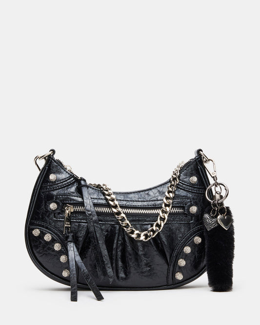 ERIKA Bag Black Rhinestone Embellished Studded Crinkle Moto Crossbody Handbag Steve Madden BLACK
