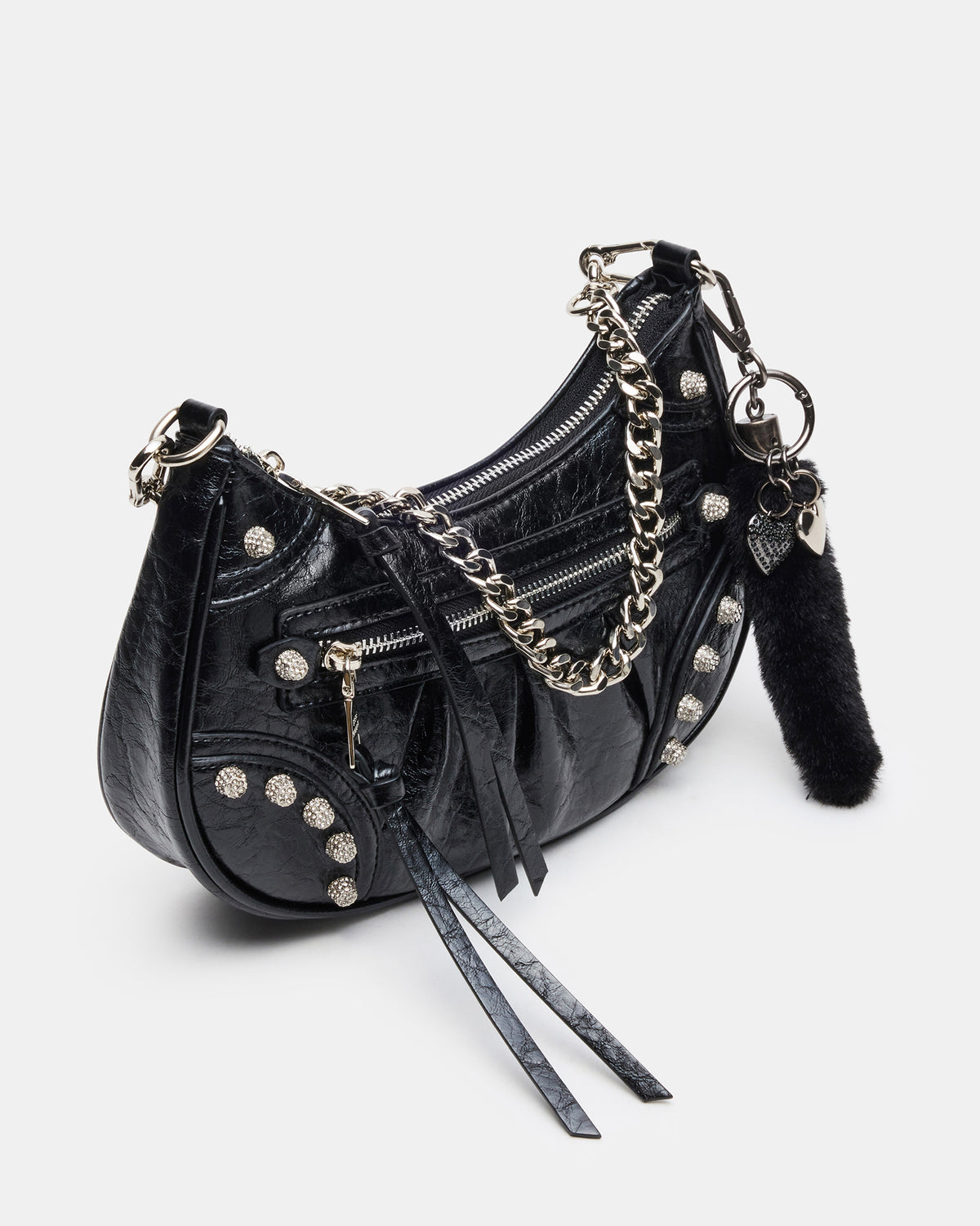 ERIKA Bag Black Rhinestone Embellished Studded Crinkle Moto Crossbody Handbag Steve Madden BLACK