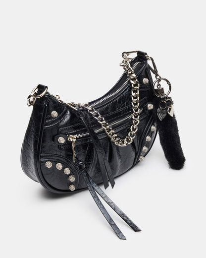 ERIKA Bag Black Rhinestone Embellished Studded Crinkle Moto Crossbody Handbag Steve Madden BLACK