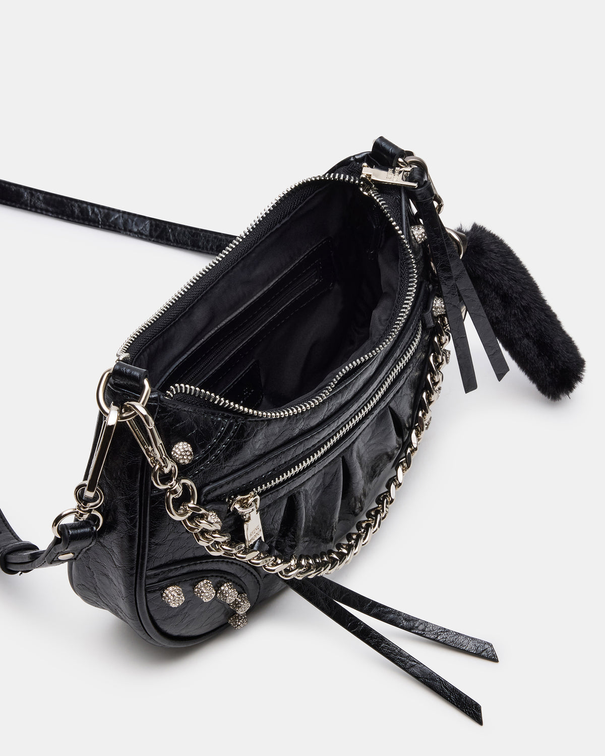 ERIKA Bag Black Rhinestone Embellished Studded Crinkle Moto Crossbody Handbag Steve Madden BLACK
