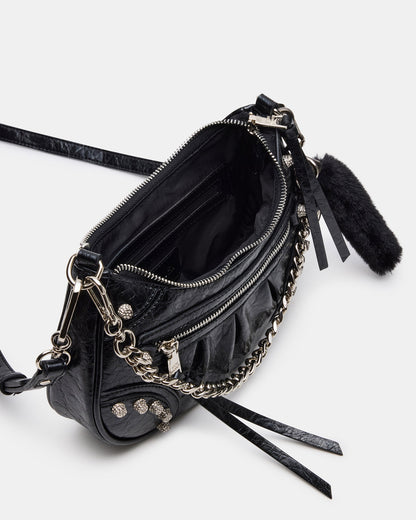 ERIKA Bag Black Rhinestone Embellished Studded Crinkle Moto Crossbody Handbag Steve Madden BLACK