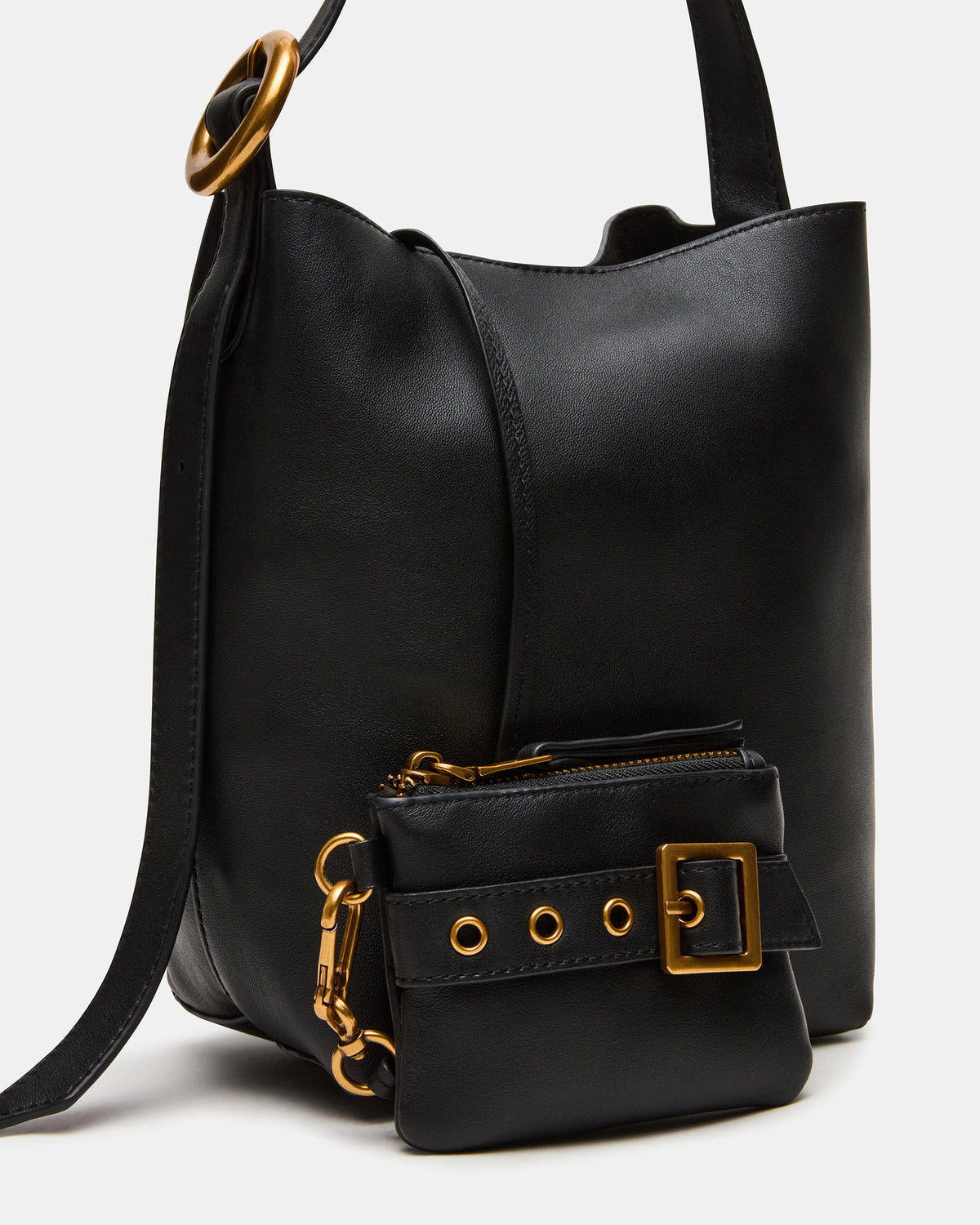 SOFIEE Bag Black Leather Shoulder Strap Bucket Tote Handbag Steve Madden BLACK LEATHER