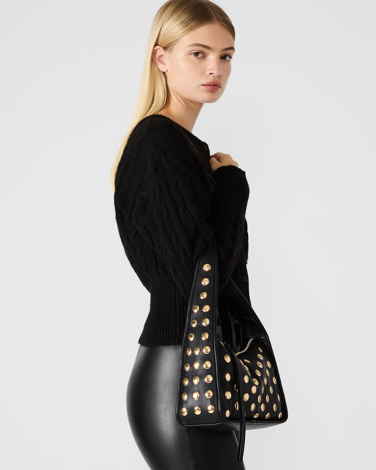 CHEYANN Bag Black Hobo Dome-Studded Shoulder Strap Women's Handbag Steve Madden BLACK