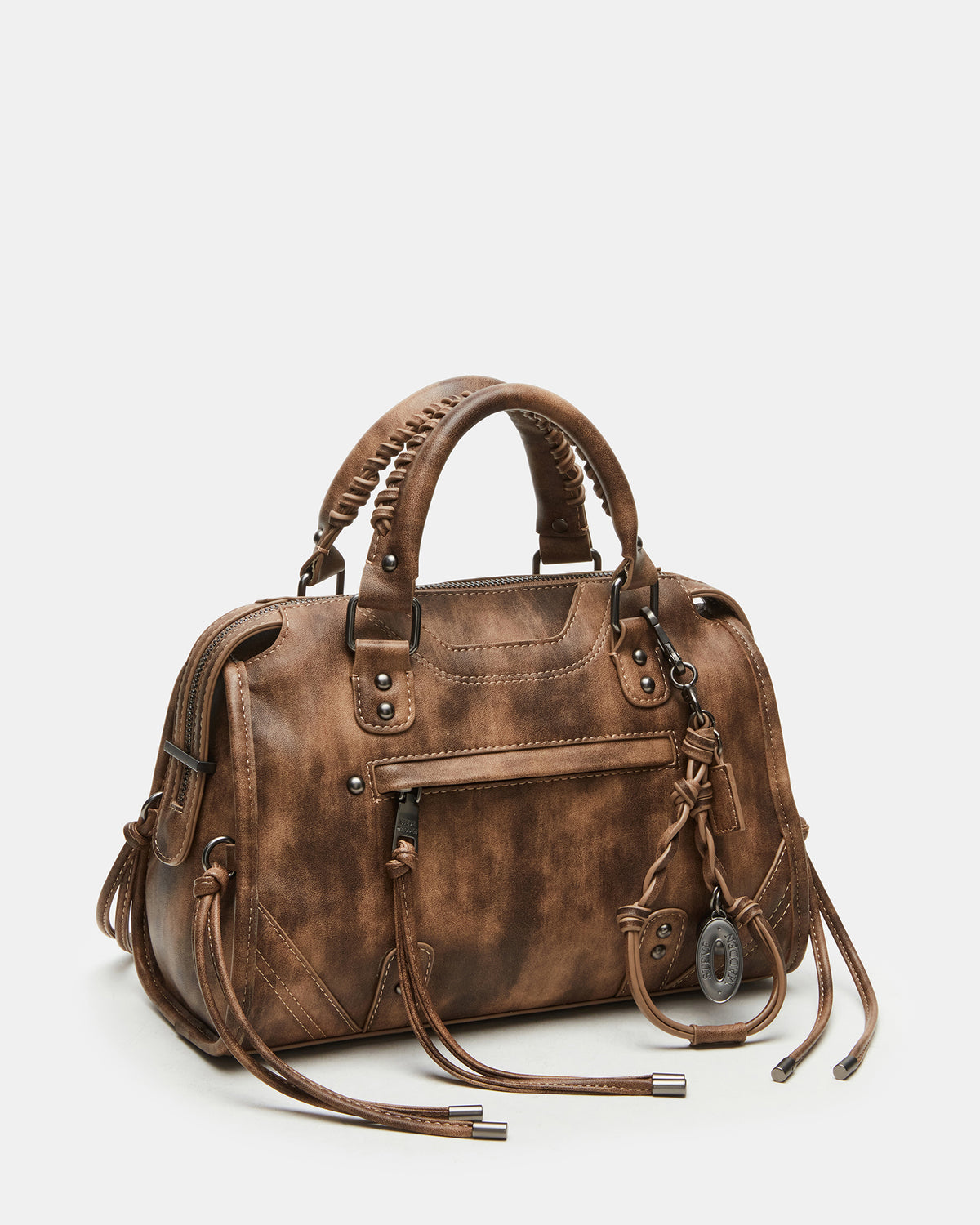 RIGGS Brown Distressed Slouchy Top-Handle Crossbody Satchel Handbag Steve Madden BRN DISTRESSED