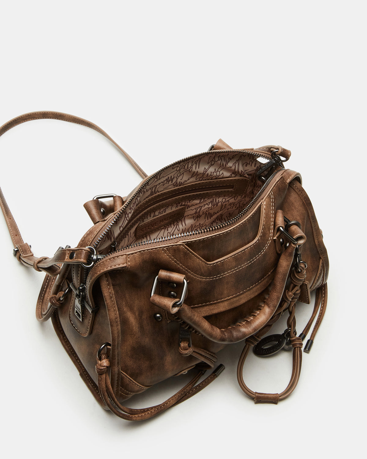 RIGGS Brown Distressed Slouchy Top-Handle Crossbody Satchel Handbag Steve Madden BRN DISTRESSED