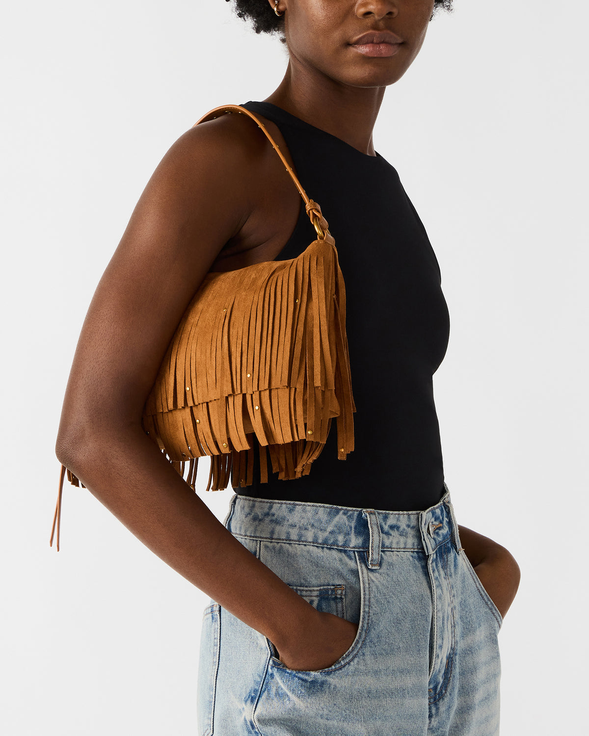 BOHEME Bag Tobacco Shoulder Strap Studded Fringe Handbag Steve Madden TOBACCO
