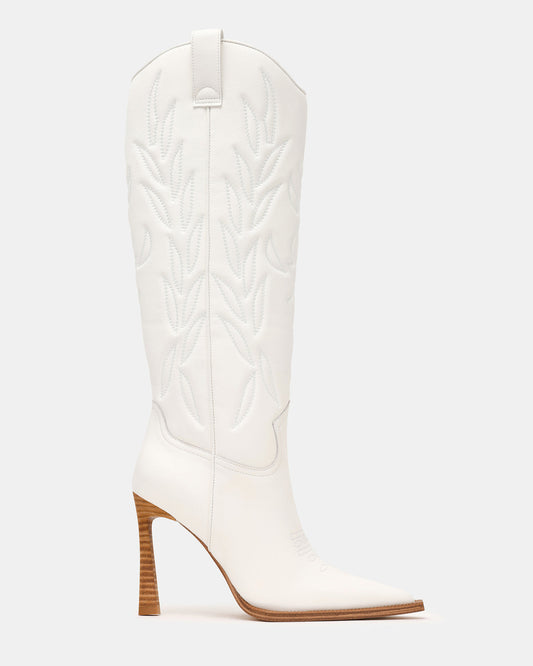 KINZEE White Leather Pointed-Toe Knee-High Western Stiletto Women's Boot Steve Madden WHITE LEATHER
