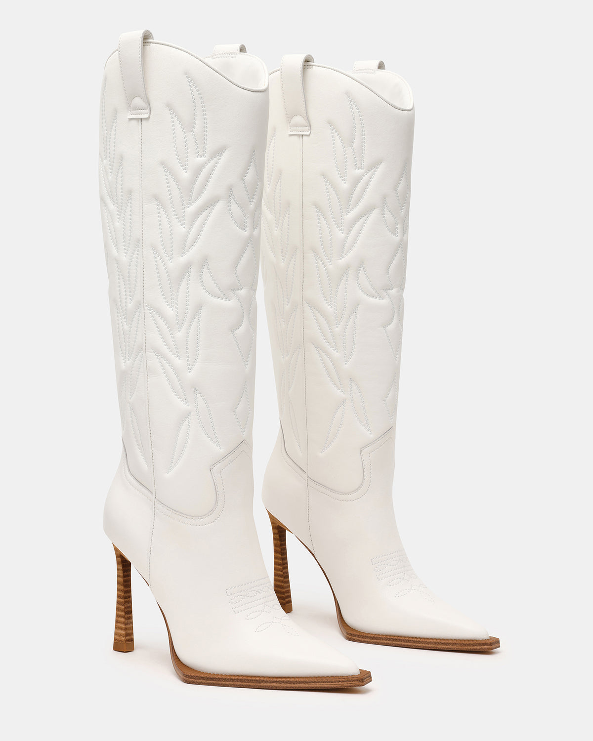 KINZEE White Leather Pointed-Toe Knee-High Western Stiletto Women's Boot Steve Madden WHITE LEATHER