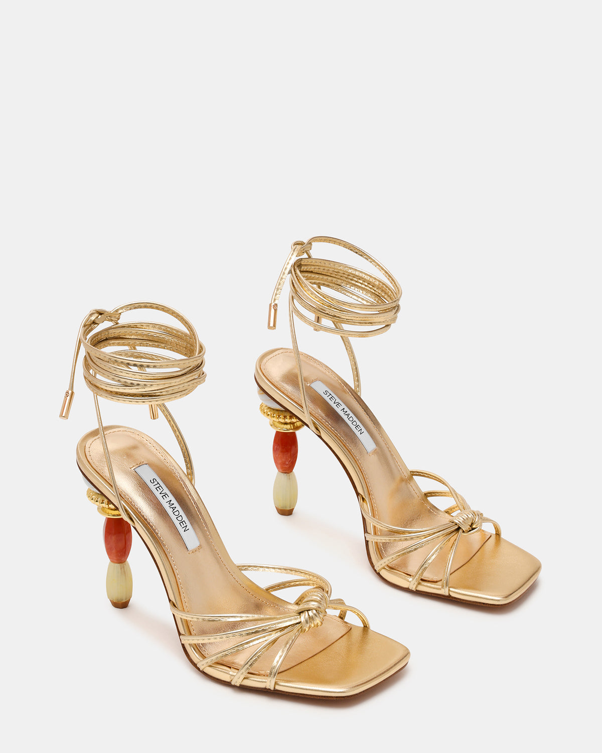 SOLENA Gold Strappy Leg-Tie Square-Toe Women's Sculptured Heel Steve Madden GOLD