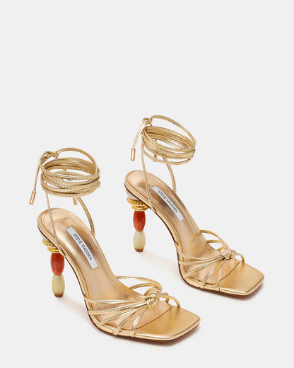 SOLENA Gold Strappy Leg-Tie Square-Toe Women's Sculptured Heel Steve Madden GOLD
