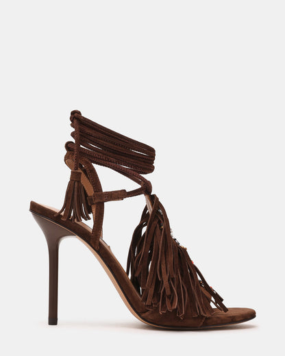 TALIA Brown Suede Fringe Beaded Stiletto Strappy Leg-Ties Women's Heel Steve Madden BROWN SUEDE