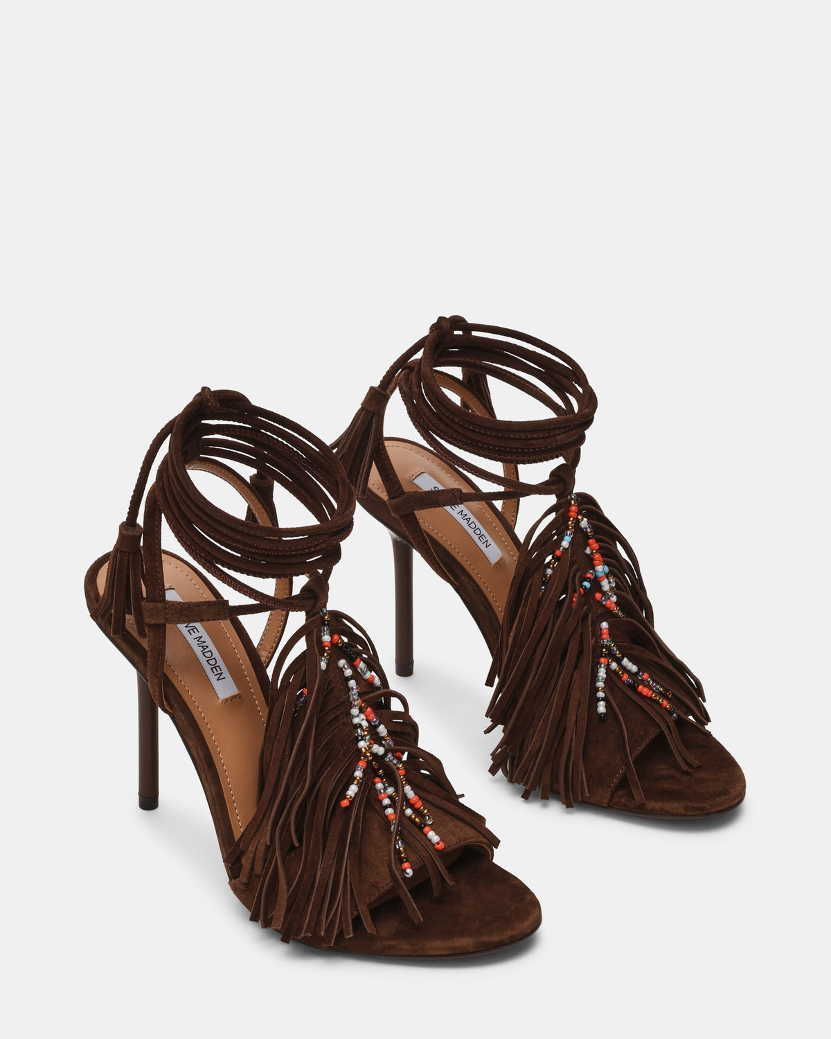 TALIA Brown Suede Fringe Beaded Stiletto Strappy Leg-Ties Women's Heel Steve Madden BROWN SUEDE