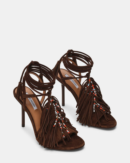 TALIA Brown Suede Fringe Beaded Stiletto Strappy Leg-Ties Women's Heel Steve Madden BROWN SUEDE