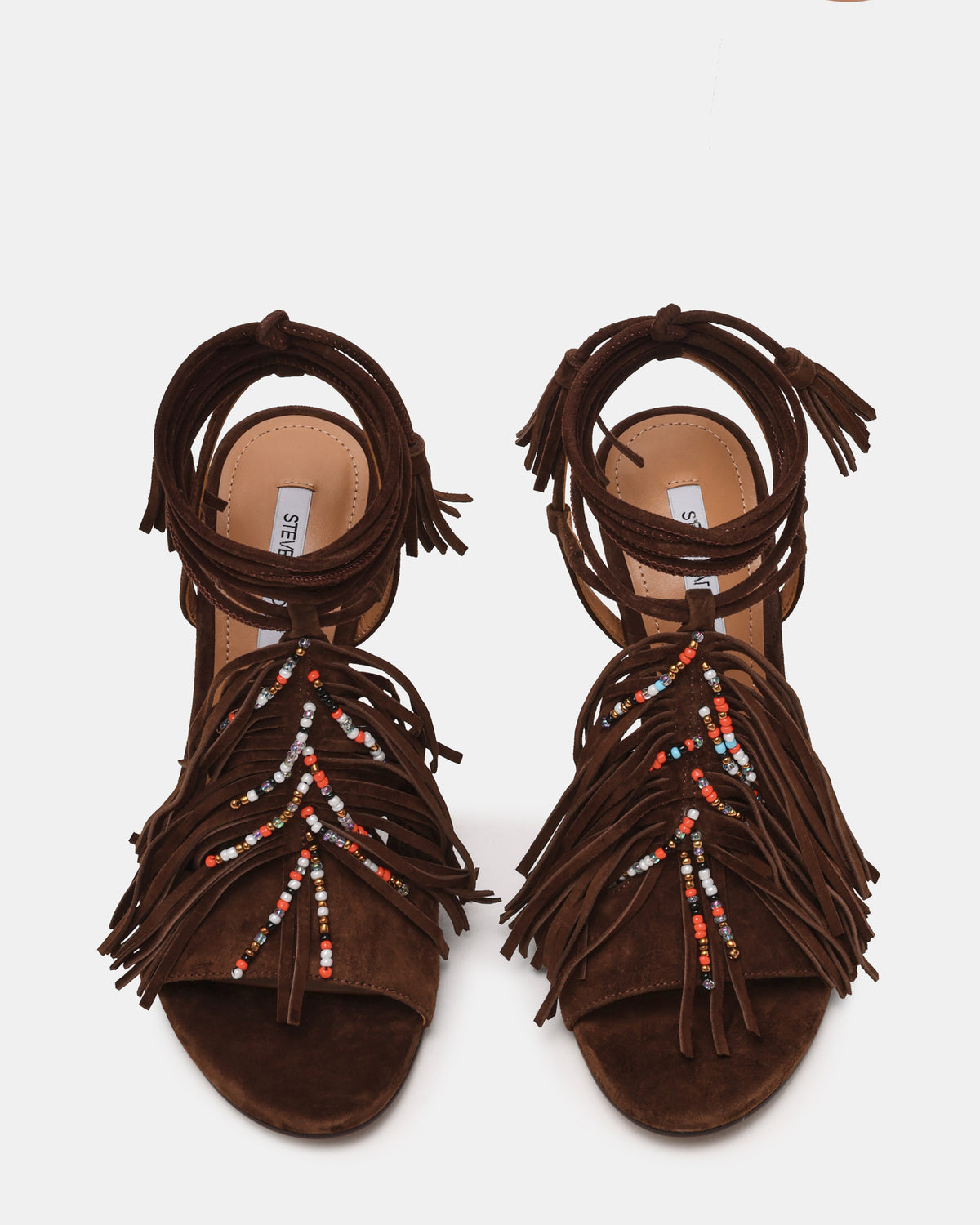 TALIA Brown Suede Fringe Beaded Stiletto Strappy Leg-Ties Women's Heel Steve Madden BROWN SUEDE