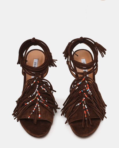 TALIA Brown Suede Fringe Beaded Stiletto Strappy Leg-Ties Women's Heel Steve Madden BROWN SUEDE