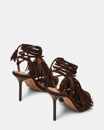 TALIA Brown Suede Fringe Beaded Stiletto Strappy Leg-Ties Women's Heel Steve Madden BROWN SUEDE