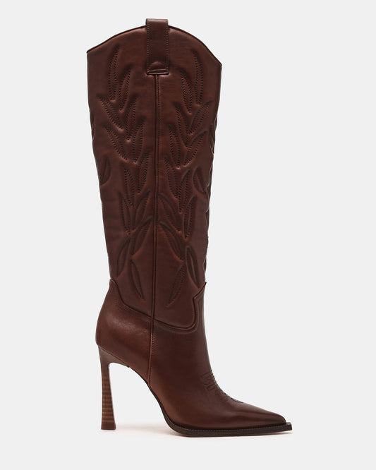 KINZEE Brown Leather Pointed-Toe Knee-High Western Stiletto Women's Boot Steve Madden BROWN LEATHER