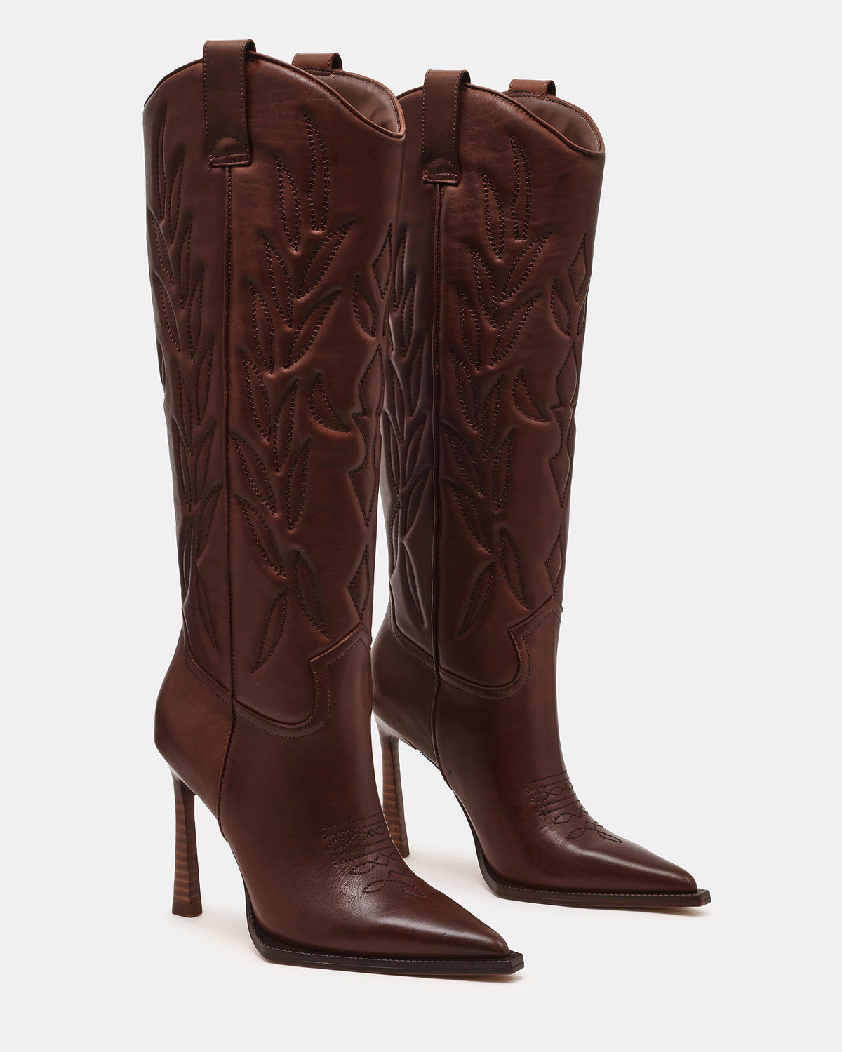 KINZEE Brown Leather Pointed-Toe Knee-High Western Stiletto Women's Boot Steve Madden BROWN LEATHER