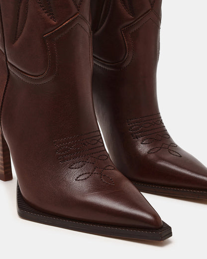 KINZEE Brown Leather Pointed-Toe Knee-High Western Stiletto Women's Boot Steve Madden BROWN LEATHER