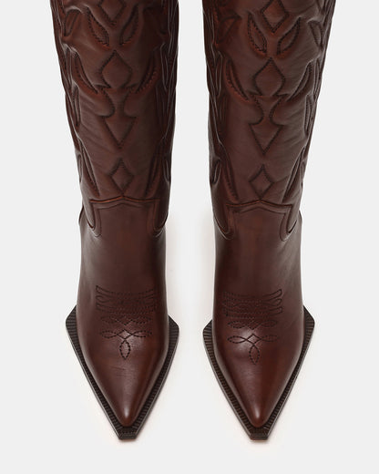 KINZEE Brown Leather Pointed-Toe Knee-High Western Stiletto Women's Boot Steve Madden BROWN LEATHER
