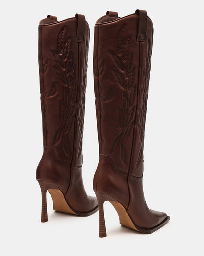 KINZEE Brown Leather Pointed-Toe Knee-High Western Stiletto Women's Boot Steve Madden BROWN LEATHER