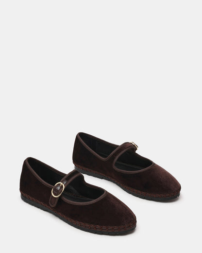 VELMA Brown Velvet Mary Jane Gold-Detail Buckle Women's Flat Steve Madden BROWN VELVET