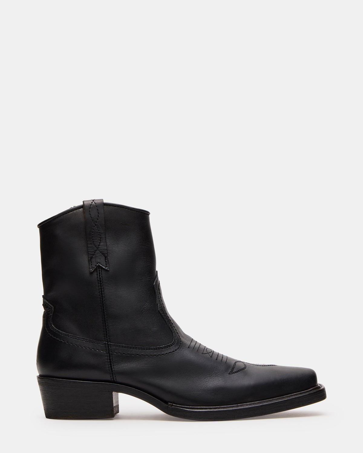 SANDERSON Black Leather Square-Toe Western Men's Ankle Boot Steve Madden BLACK LEATHER