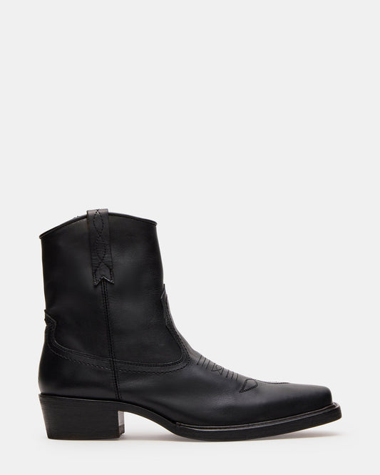 SANDERSON Black Leather Square-Toe Western Men's Ankle Boot Steve Madden BLACK LEATHER