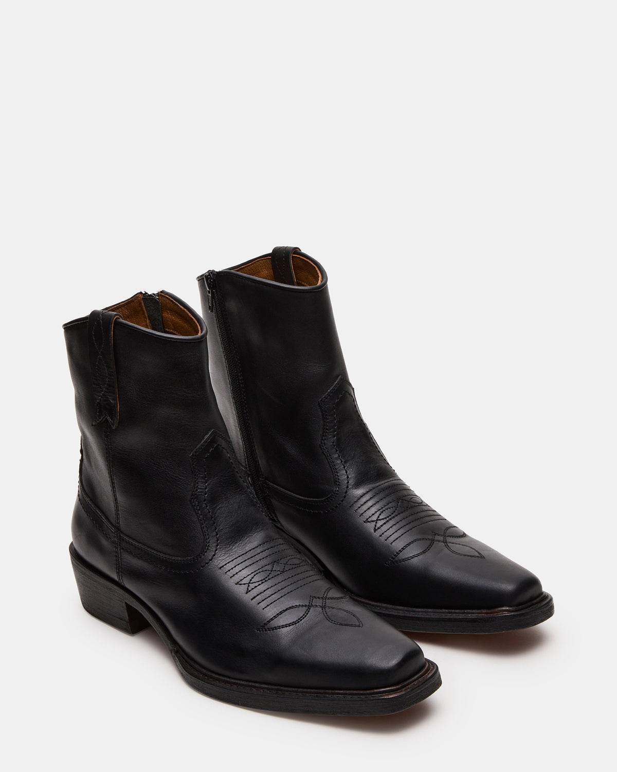 SANDERSON Black Leather Square-Toe Western Men's Ankle Boot Steve Madden BLACK LEATHER