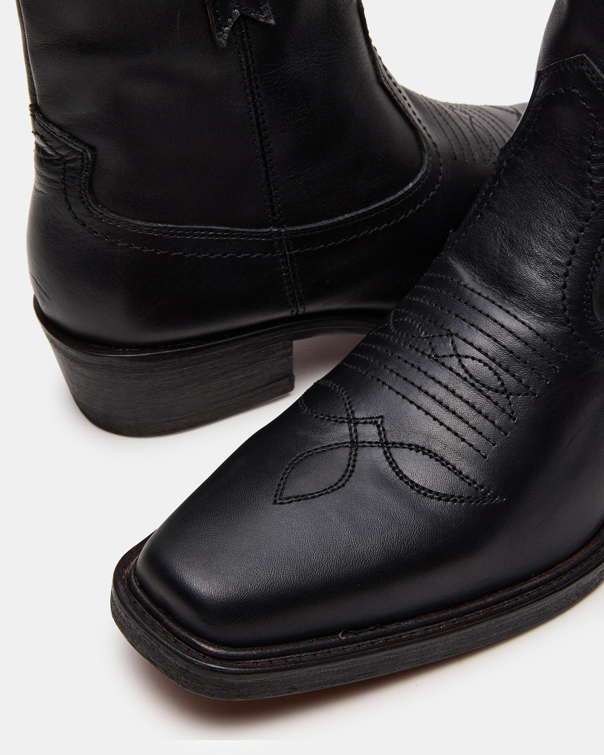 SANDERSON Black Leather Square-Toe Western Men's Ankle Boot Steve Madden BLACK LEATHER