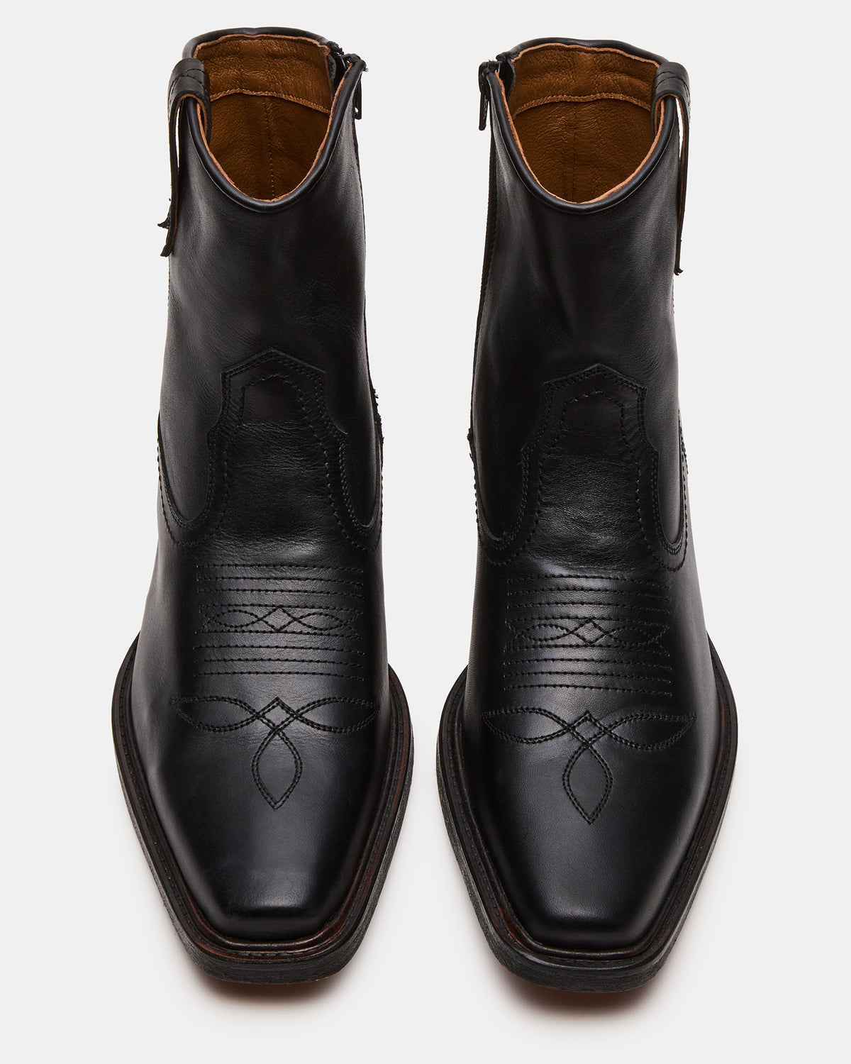 SANDERSON Black Leather Square-Toe Western Men's Ankle Boot Steve Madden BLACK LEATHER