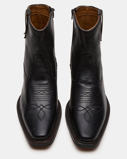 SANDERSON Black Leather Square-Toe Western Men's Ankle Boot Steve Madden BLACK LEATHER