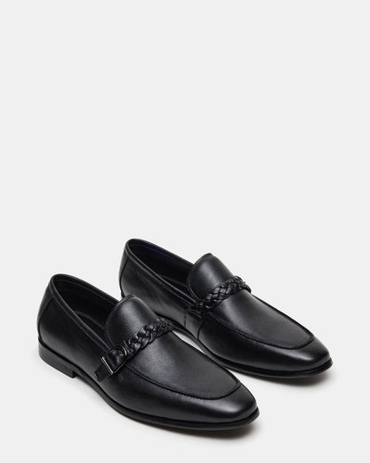 CHAPLIN Black Leather Woven-Strap Buckle Slip-On Men's Loafer Steve Madden BLACK LEATHER