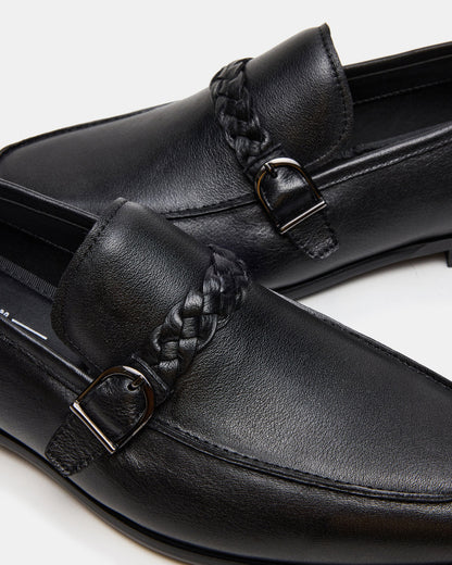 CHAPLIN Black Leather Woven-Strap Buckle Slip-On Men's Loafer Steve Madden BLACK LEATHER
