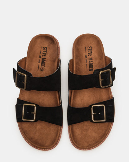 CORBAN Black Suede Men's Double Buckle Closure Footbed Sandal Steve Madden BLACK SUEDE
