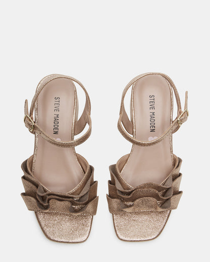 Kids' PRESS Gold Girls' Square-Toe Ruffle Block Heel Steve Madden GOLD