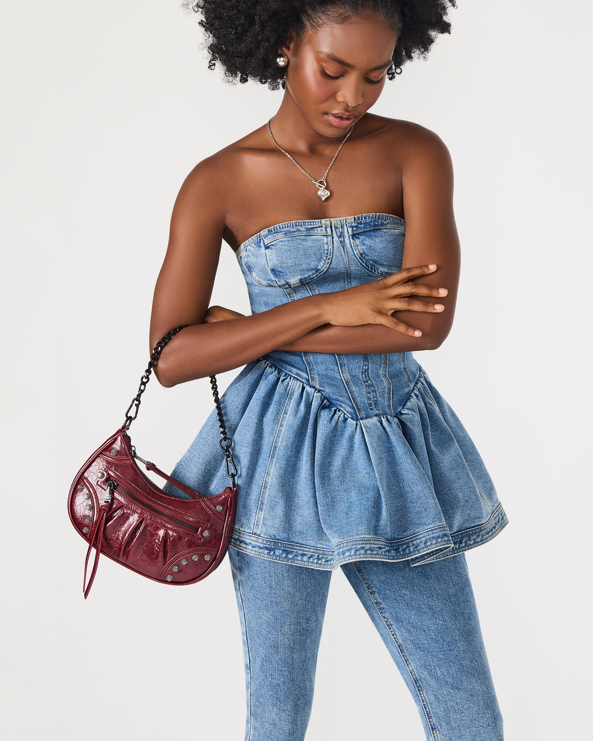 ERIKA Bag Wine Rhinestone Embellished Studded Crinkle Moto Crossbody Handbag Steve Madden WINE