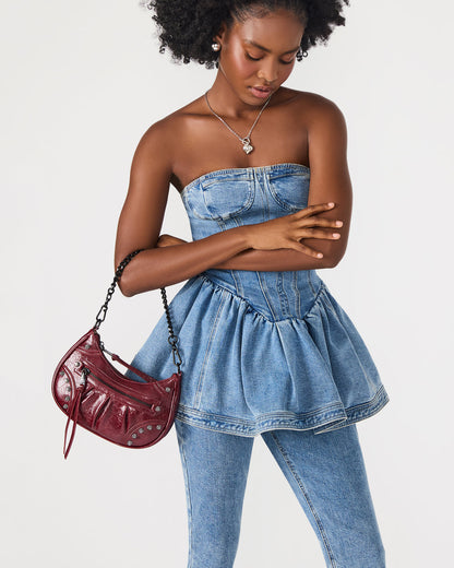 ERIKA Bag Wine Rhinestone Embellished Studded Crinkle Moto Crossbody Handbag Steve Madden WINE