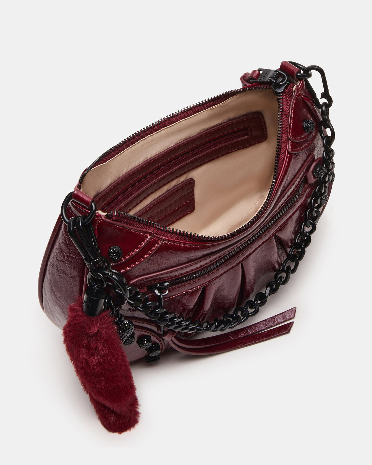 ERIKA Bag Wine Rhinestone Embellished Studded Crinkle Moto Crossbody Handbag Steve Madden WINE