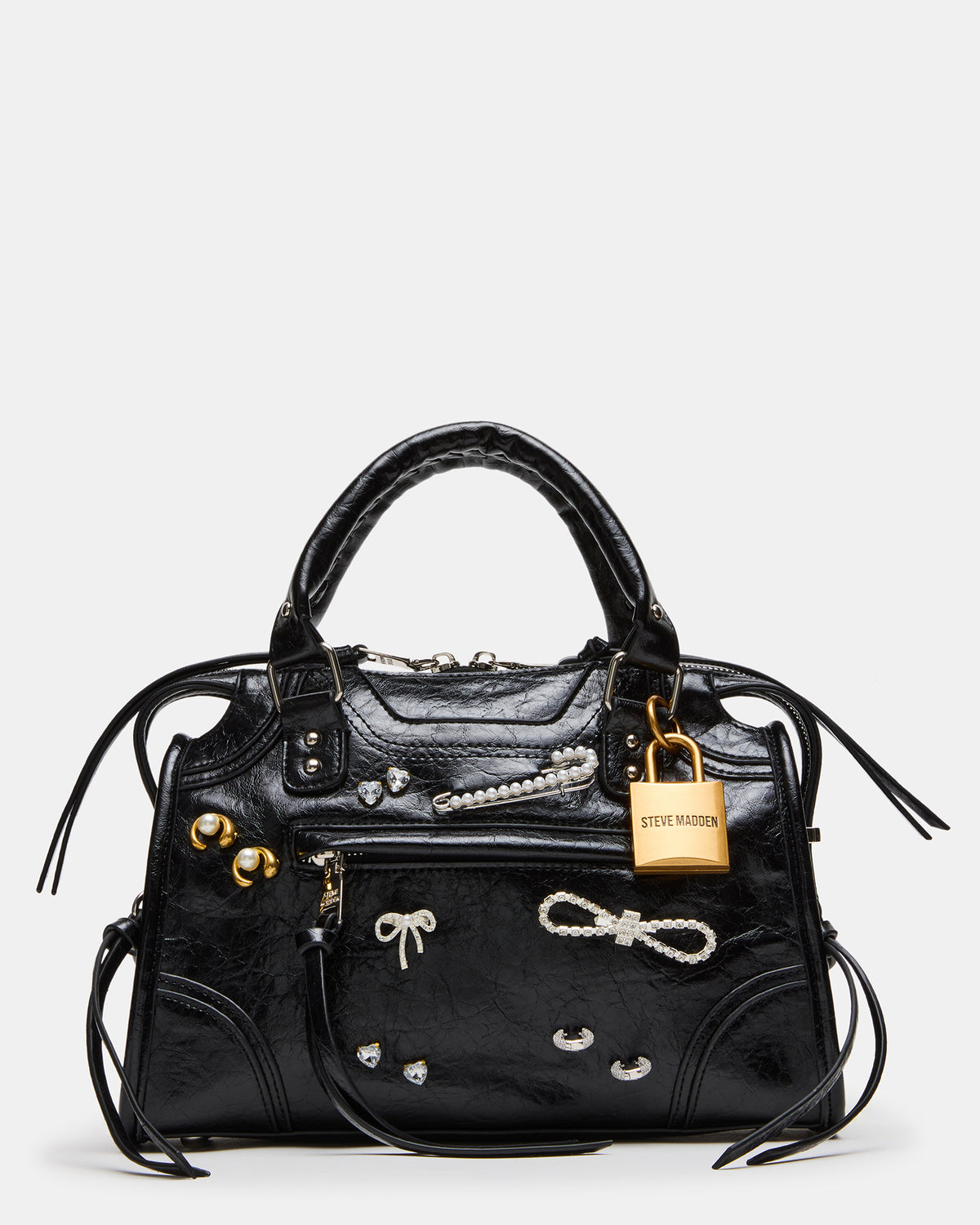 RIGGS Bag Embellished Black Distressed Slouchy Top-Handle Crossbody Satchel Handbag Steve Madden DISTRESSED