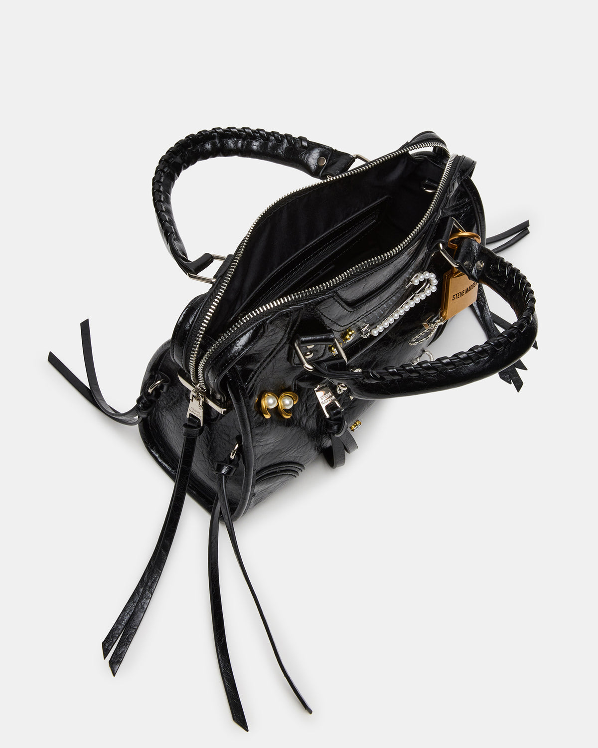 RIGGS Bag Embellished Black Distressed Slouchy Top-Handle Crossbody Satchel Handbag Steve Madden DISTRESSED
