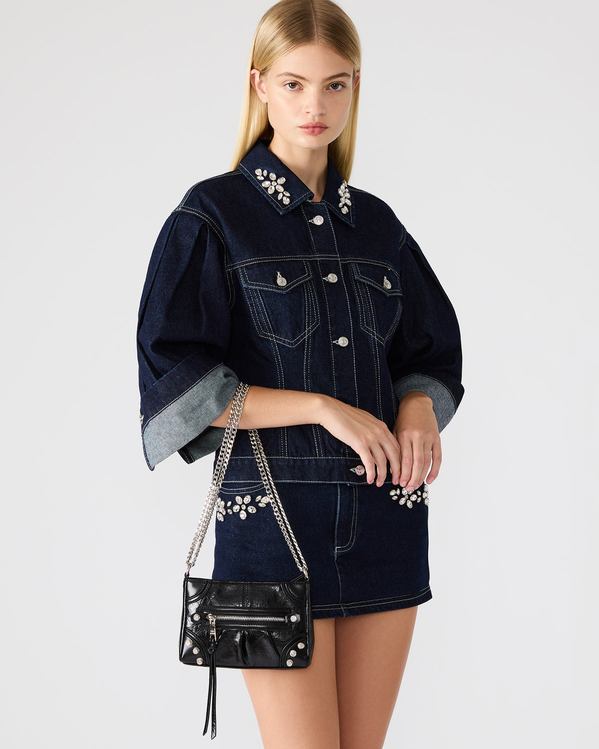 SKY Bag Black/Silver Moto Rhinestone Embellished Stud Crossbody Handbag Steve Madden BLACK SILVER